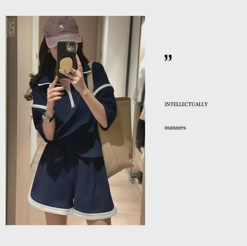 European Spring 2023 Women's Casual Sports Two-Piece Suit with Wide-Leg Shorts