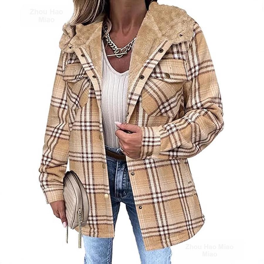Fall Winter Women's Plaid Casual Versatile Jacket Long Sleeve Hooded Coat with Pockets