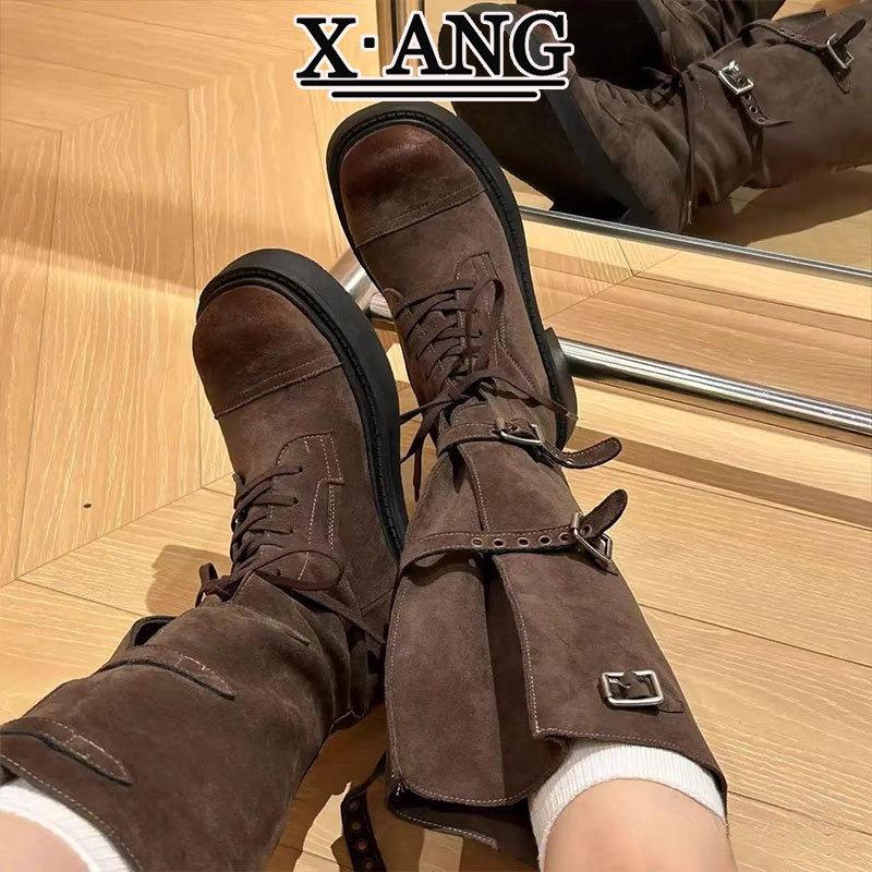 Sheepskin Version Cm Height Increase Thick Heel Thin Knight Boots But Knee High Boots Long Boots Belt Buckle Brown Pile Boots