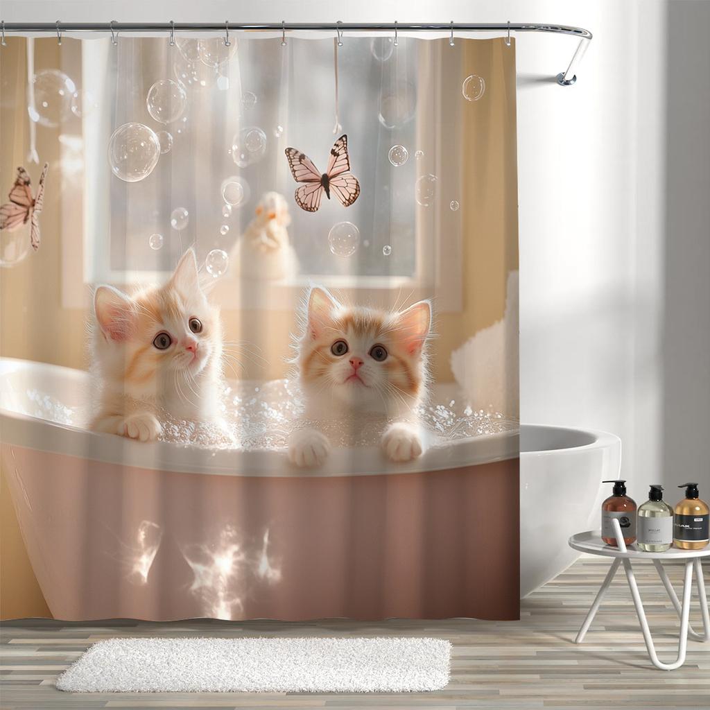 1pc Cute Cat and Butterfly Bubble Bath Shower Curtain - Bathroom Decor with Hooks, Machine Washable, Stain Resistant Design