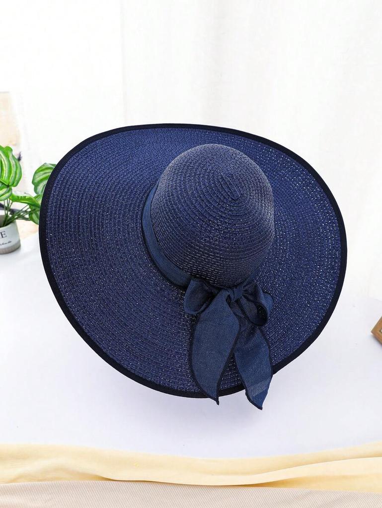 Solid Color Bohemian Straw Sun Hat With Bow Wide Brim Round Top UV Protection Windproof