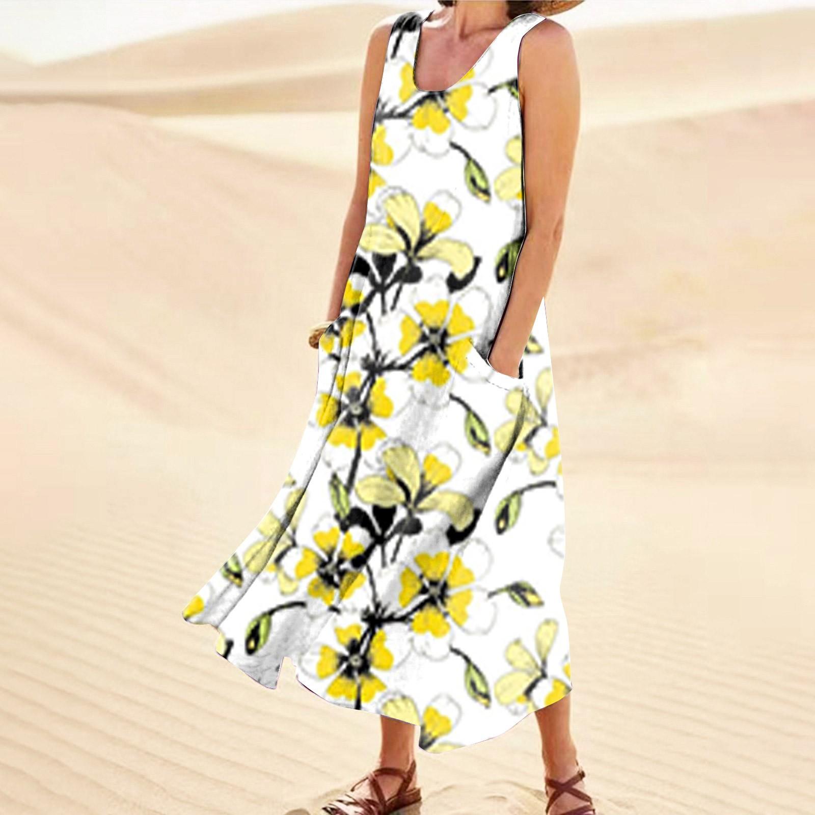 

Женское летнее повседневное модное платье без рукавов с круглым вырезом и карманом с цветочным принтом XXXXXL