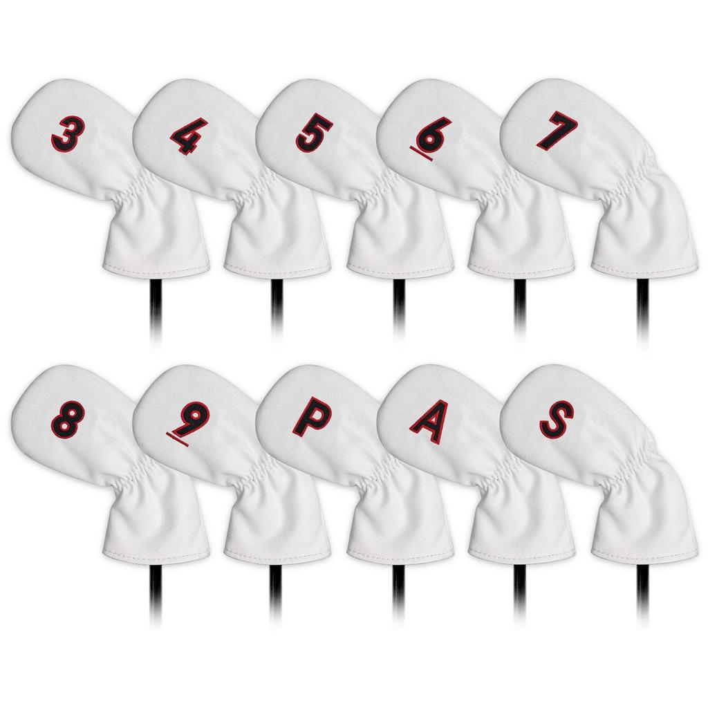 Golf head cover iron club set for men, left and right, 10 pieces (3-9, P, A, S) Red, number embroidery on both sides, white, synthetic leather, PU