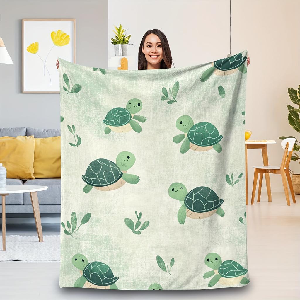 Cute Cartoon Sea Turtle Green Leaf Print Flannel Blanket Soft Lightweight Throw Blanket for Sofa Bed Couch All Season Cozy