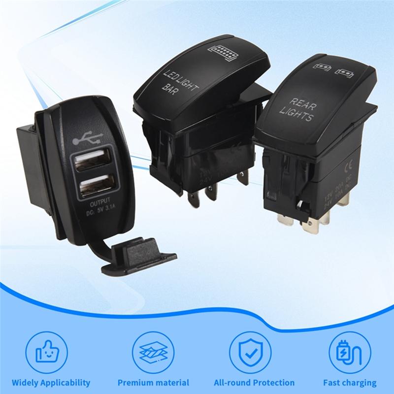 LED Light Bar Rocker Switch Toggle Switch Rear Lights Rocker Switch Rocker Switch Dual USB Power Charger