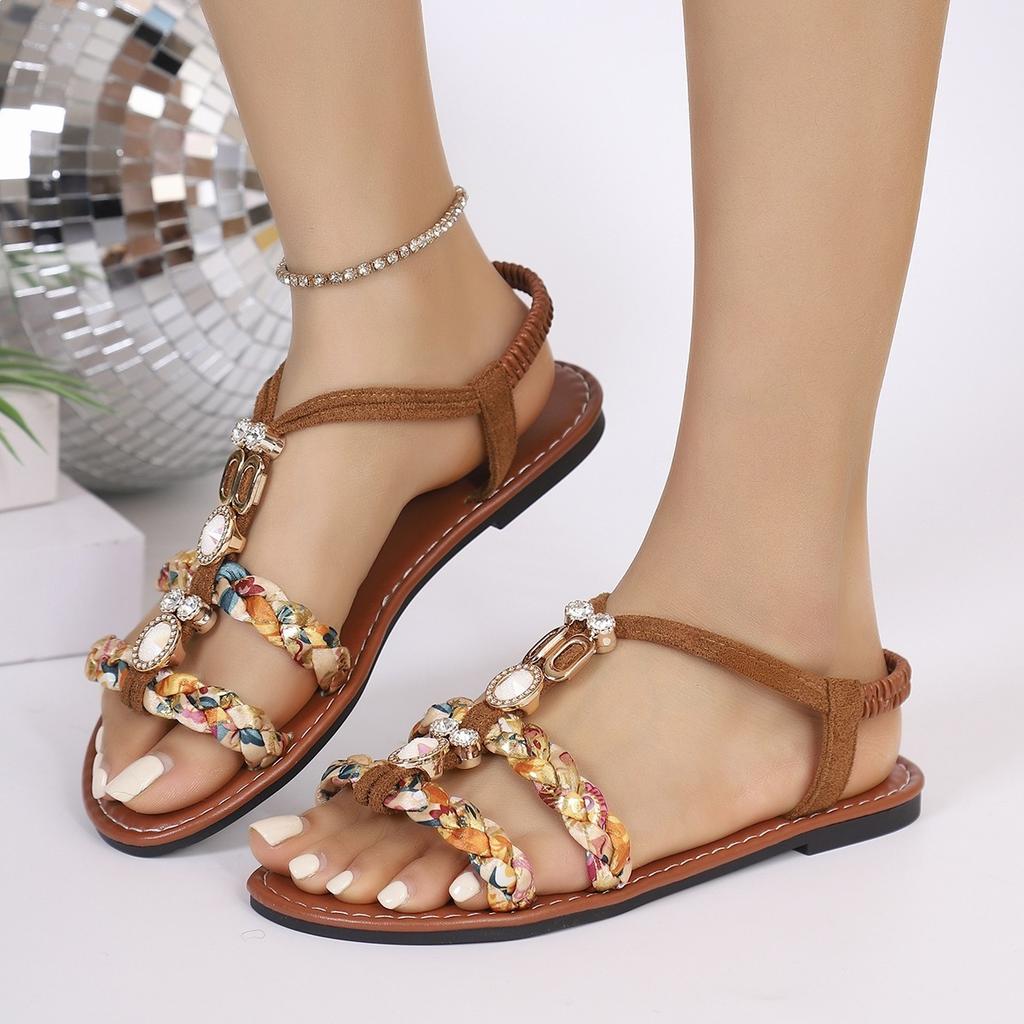 Women's Bohemian Style Sandals, Summer Colorful Woven Beaded Round Toe Comfort Flat Sandals