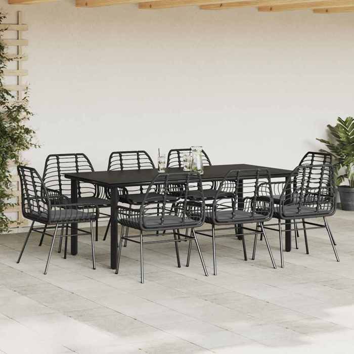 VidaXL Ensemble à manger de jardin coussins 9pcs noir poly rotin verre, ensemble à manger d'extérieur, meuble à manger de 3334554