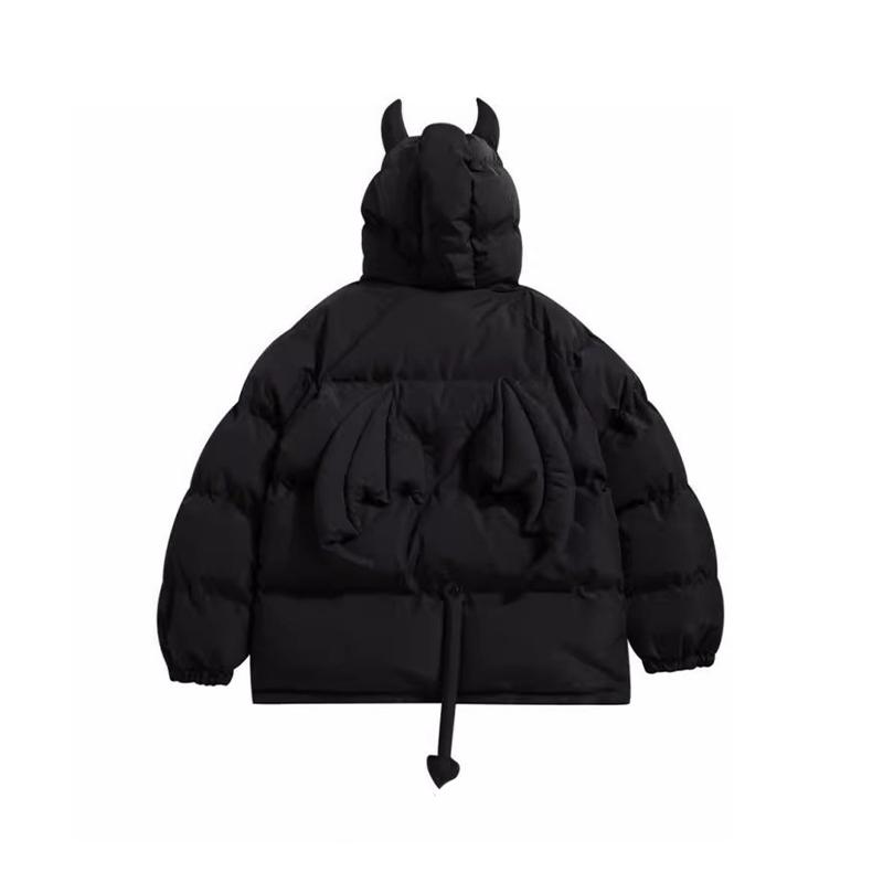 Dark Style Little Devil Horn Hooded Cotton Jacket for Men and Women Winter Small Tail Cotton Jacket Loose Warm Coat