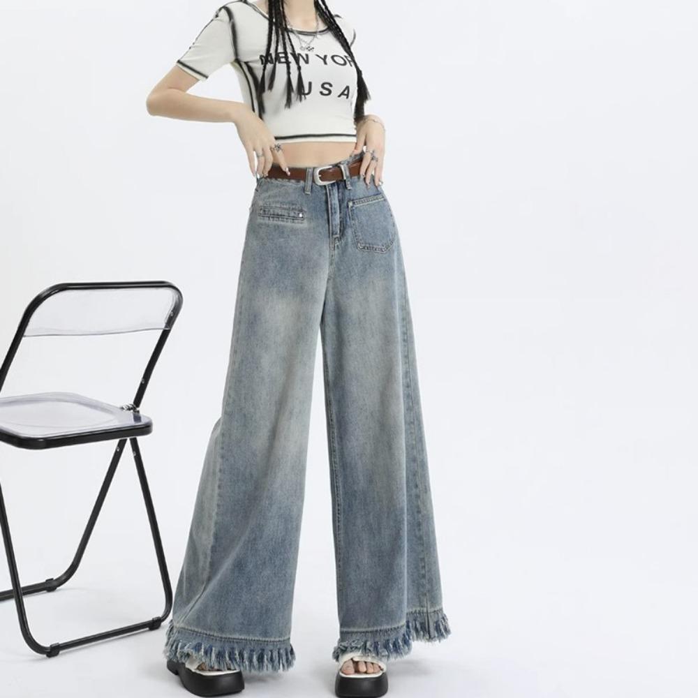 Personalized Niche Spring and Autumn New High-waisted Wide-leg Jeans Women's Loose Straight-leg Slim and High Floor Pants