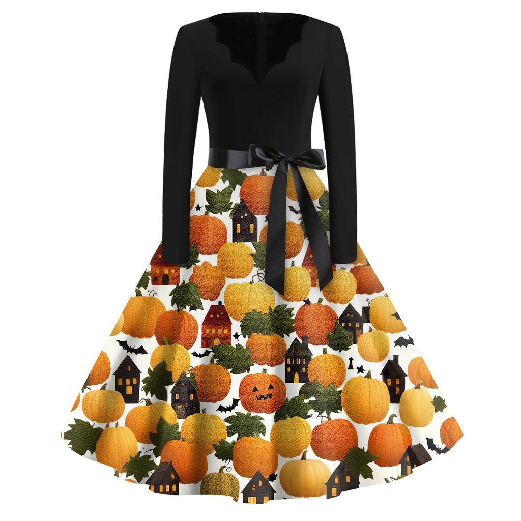 Halloween Print Flare Dress For Women Long Sleeve Dress Hollow Party Casual Dresses