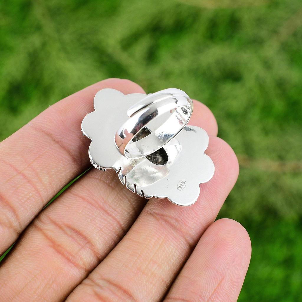 Natural Turritella Agate Solitaire Flower Brown Adjustable Ring 925 Silver