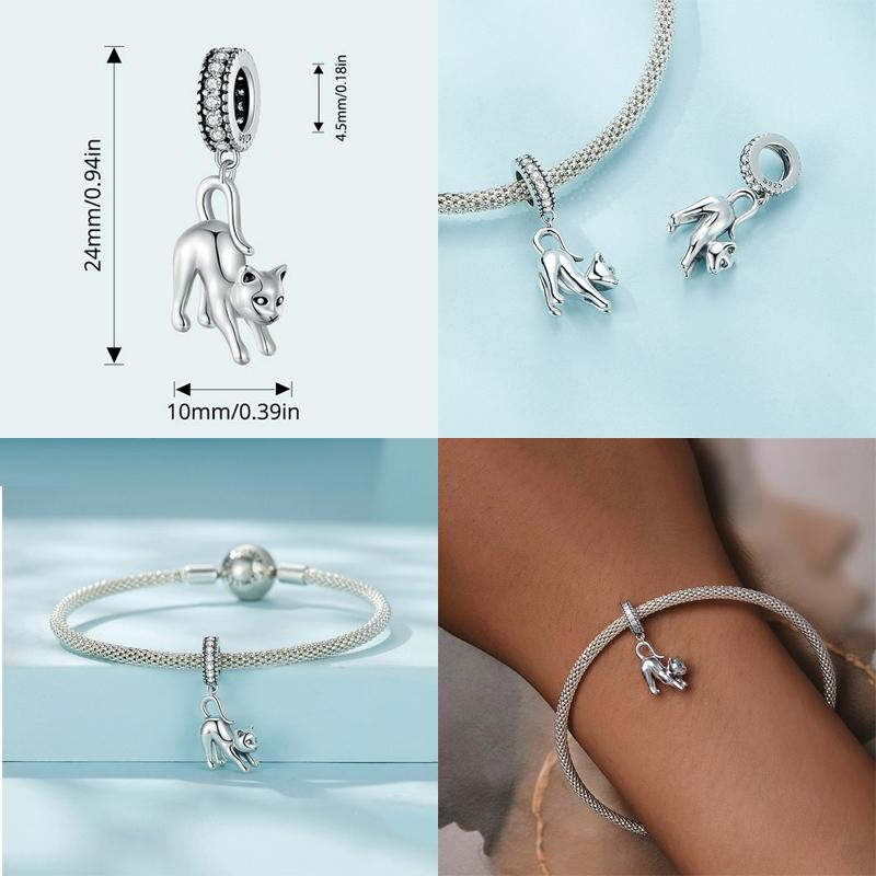 Bamoer 925 Silver Vivid Cat Pendant Charms Cute Animal Charms for Women Girls Bracelet & Bangle DIY Fine Jewelry SCC259