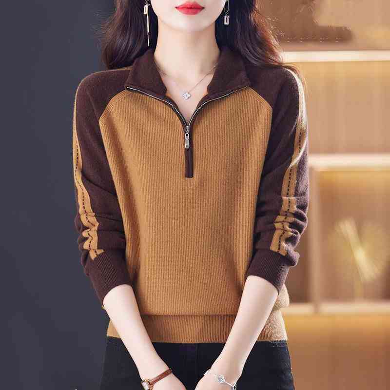 Women's Autumn/Winter Sweater with Zipper Color Blocked Sweater Outer Knitted Sweater Stylish
