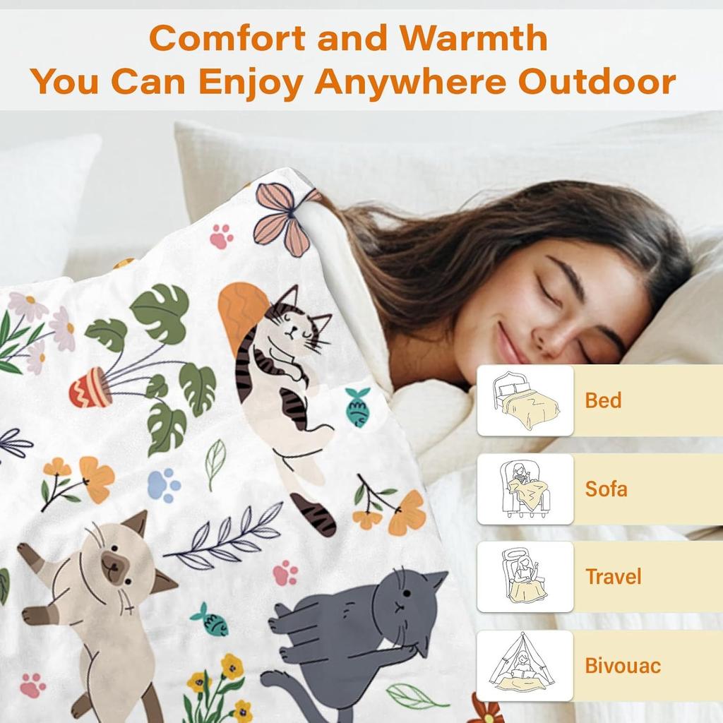 1PC Handdraw Cute Cats Pattern Throw Thin Blanket Gifts for Couch Bed Car Home Camping For Cute Animals Lovers All Season Use