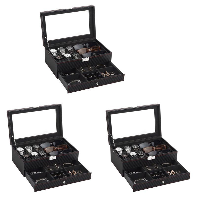 A95D-3X Watch Box, Mens Jewelry Box With 6 Slot Watch Case 3 Slot Sunglasses Organizer, 2 Layers Lockable Watch Holder