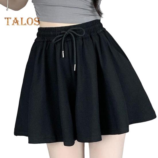Women Summer Shorts Elastic High Waist Adjustable Drawstring Casual Shorts with Pockets Solid Color Wide Leg Shorts