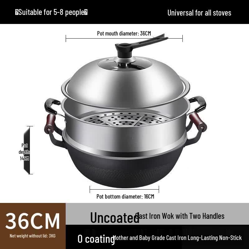 Zijin He s 36cm Double-Handle Cast Iron Wok Set (2-Pack)