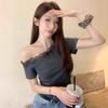 Small Sexy Pure Lace Slash Shoulder Short Sleeve T-Shirt Women's Summer Spice Girl Slim Off-Shoulder Bottom Top Women's T