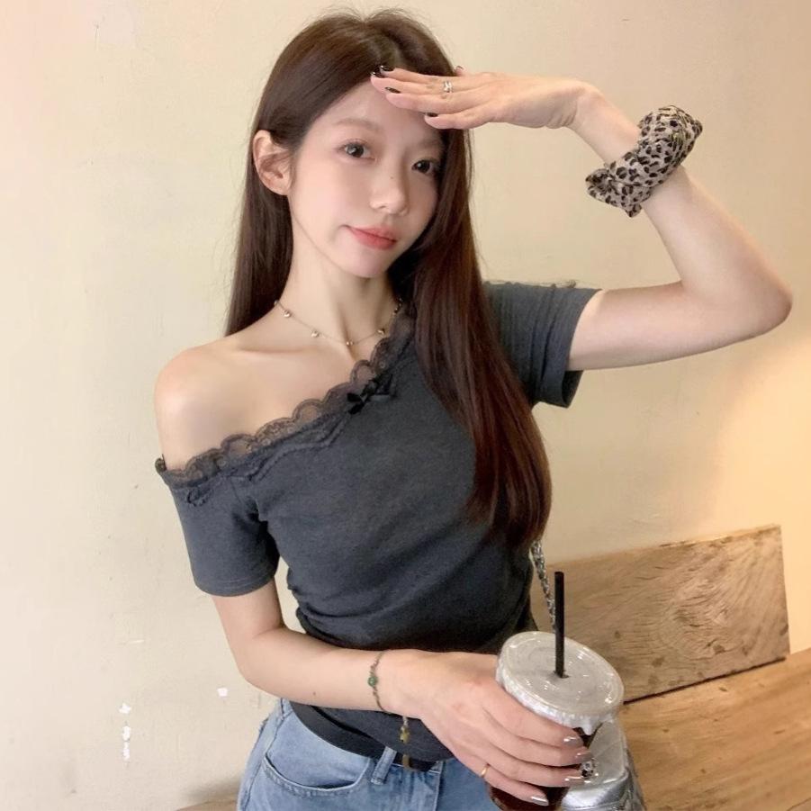 Small Sexy Pure Lace Slash Shoulder Short Sleeve T-Shirt Women's Summer Spice Girl Slim Off-Shoulder Bottom Top Women's T