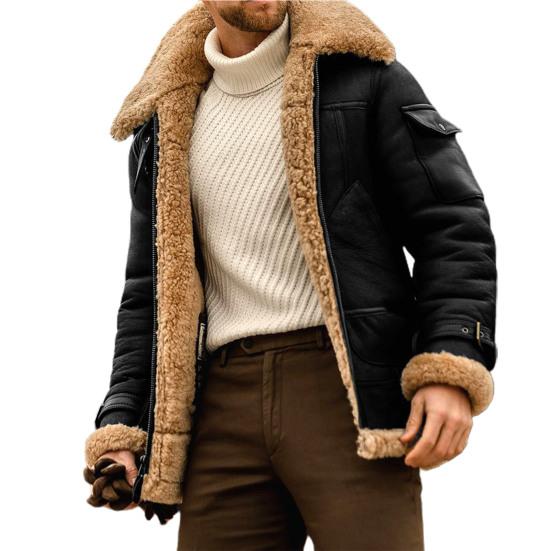 Male Jacket Turn-down Collar Pockets Polyester Zipper Closure Winter Coat for Outdoor