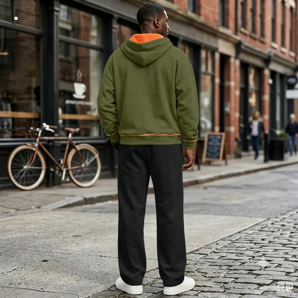 Men's Lined Hooded Sweatsuit Set with Straight Leg Black Pants, Casual Loose Fit for Fall Winter