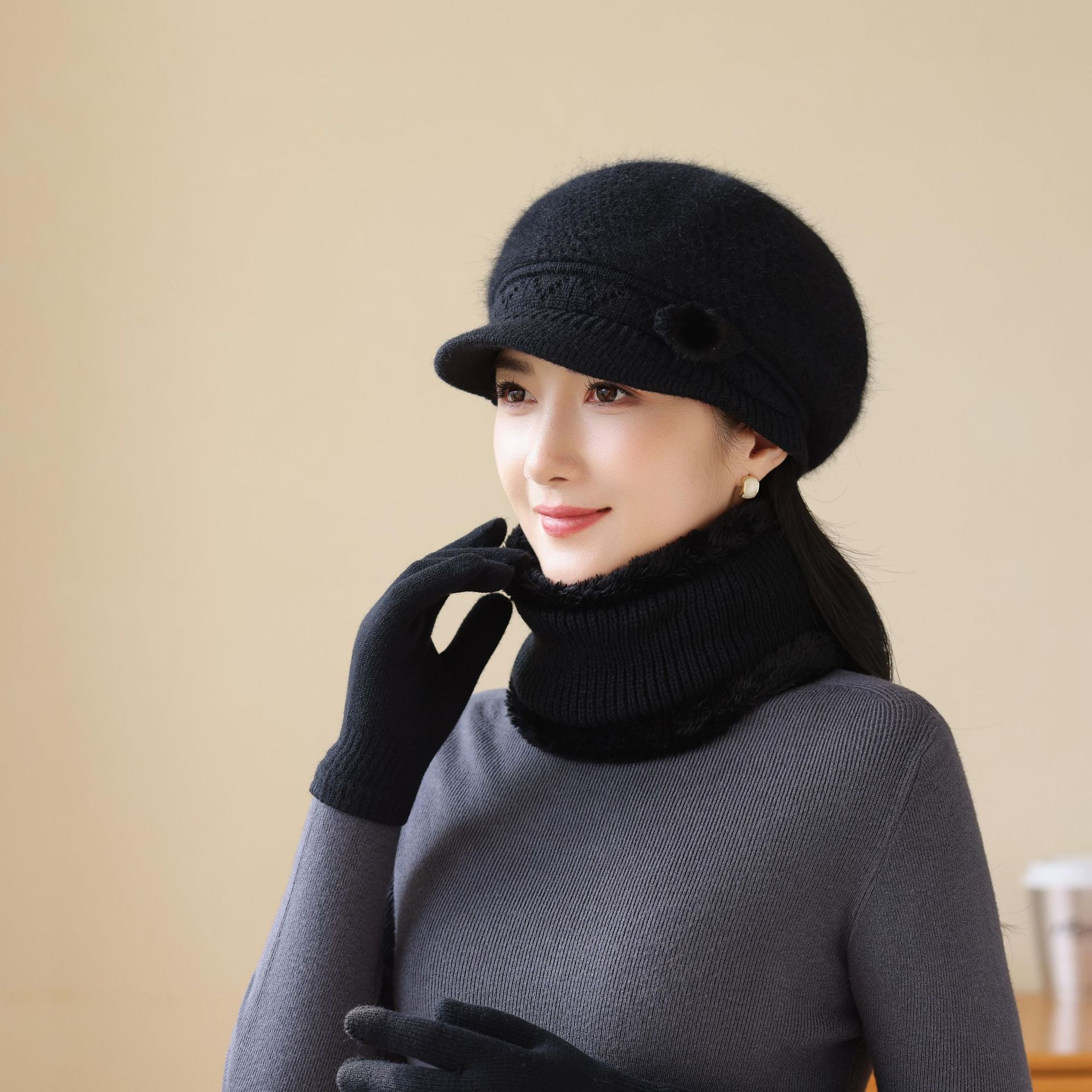 

Вязаная шерстяная шапка из кроличьего меха, зимняя, для женщин среднего и пожилого возраста, зимняя, теплая, шапка-балаклава для мамы one size