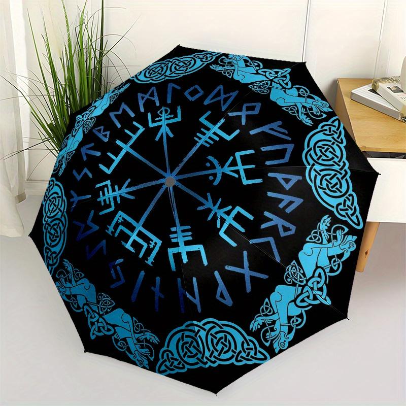 Viking Vegvisir Compass Norse Runes Nordic Symbol Decal Blue on BlackUmbrella, Portable 3-Fold Umbrella for Men & Women,Christmas Gift ES181
