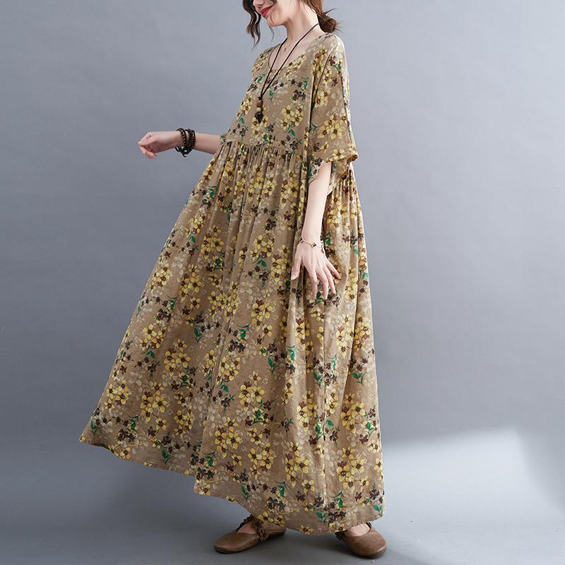 

DIMANAF Женское платье больших размеров 2024, новое летнее стильное платье с круглым вырезом и цветочным принтом, зеленое льняное базовое платье 5045 One Size