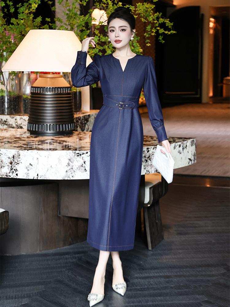 2026 Spring Women's Long Sleeve Elegant Denim Slit Dress
