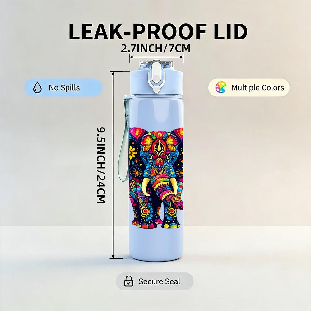 1PC Colorful Decorated Elephant Art Print 750ml Color Plastic Sports Water Bottle Leakproof Flip Straw Lid Suitable for Sports Office Home Use