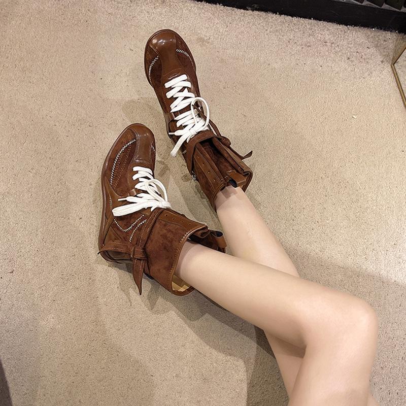 Erhöhende flache Stiefel Damen Western-Cowboystiefel Frühling und Herbst Retro Mattleder Schnürstiefel