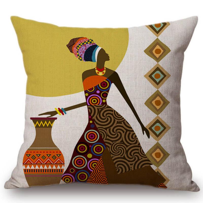 2018 Cartoon Fashion African Lady Sofa Decorative Pillows Cases Africa Symbols Modern Decoration Art Cotton Linen Cushion Cover