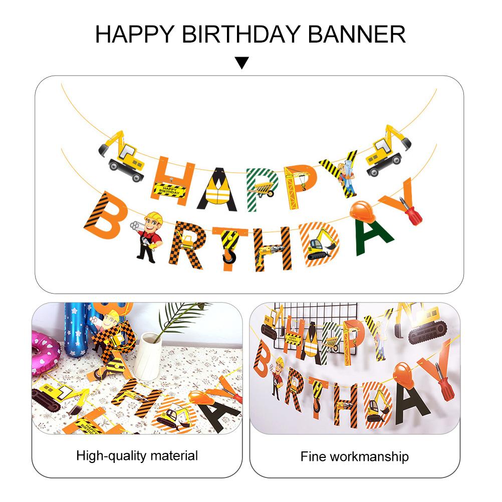 2 Pcs Engineering Car Pull Flowers Happy Birthday Banner Decorations Construction Fornite Ornament Home The Baby