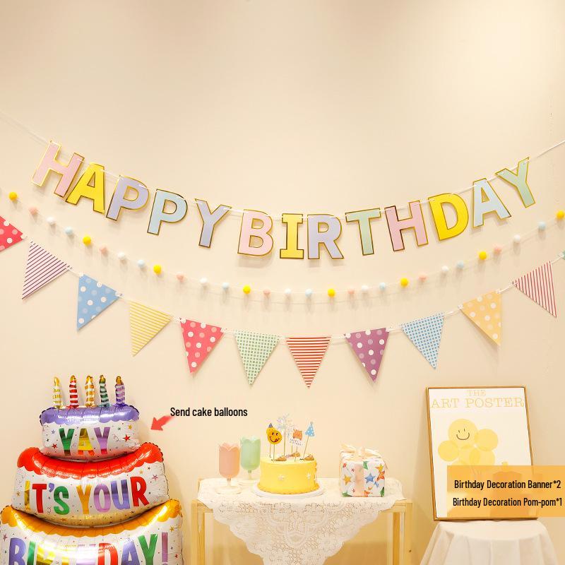 First Birthday Party Hanging Decoration: Happy Birthday Banner with Pom Poms and Bunting for Kids.