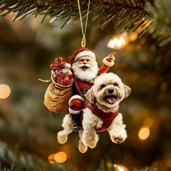 Santa Claus Dog Christmas Ornaments Funny Santa Claus Riding Puppy Ornaments 2D