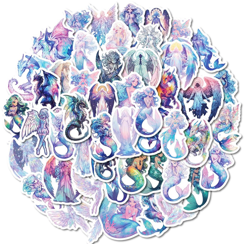 50PCS Mermaid Angel Holographic Stickers, Fantasy Graffiti Decals for Water Bottle, Luggage & Decoration