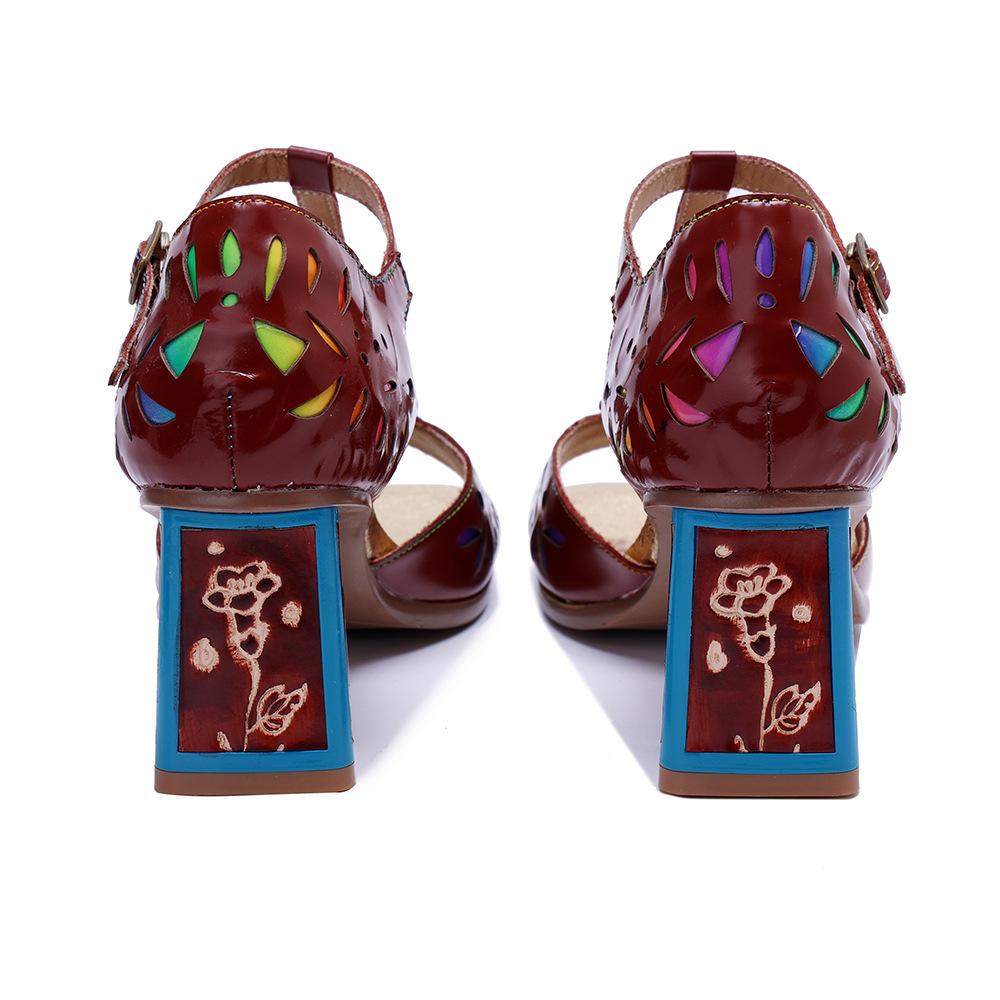 Johnature Genuine Leather Handmade Hollow Flower High Heel Sandals Retro Square Heel Women's Shoes