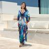 EDOLYNSA Summer Women Vacation Boho Blue Floral Printed V-neck Batwing Sleeve Loose Kaftan Robe 2024 Swimwear Cover Up Casual Beachwear Q1588