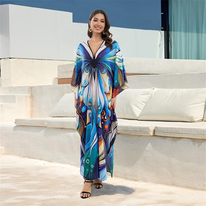 EDOLYNSA Summer Women Vacation Boho Blue Floral Printed V-neck Batwing Sleeve Loose Kaftan Robe 2024 Swimwear Cover Up Casual Beachwear Q1588