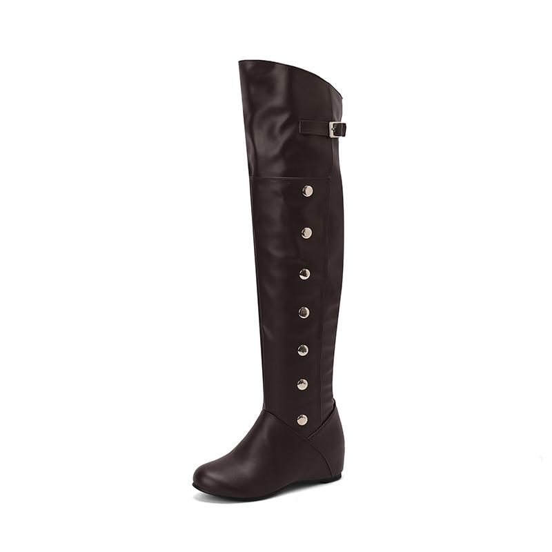 Plus Size Round Toe Wedge With Warm Plush Lining Slip-On Women'S Over The Knee Boots With Rivet Buckle Long Boots