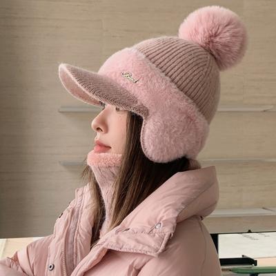 Wool Cap Women's Winter Thickened Warm Plush Ear Protection Cold Baseball Cotton Hat Women's Warm Ear Protection Hat for Autumn and Winter