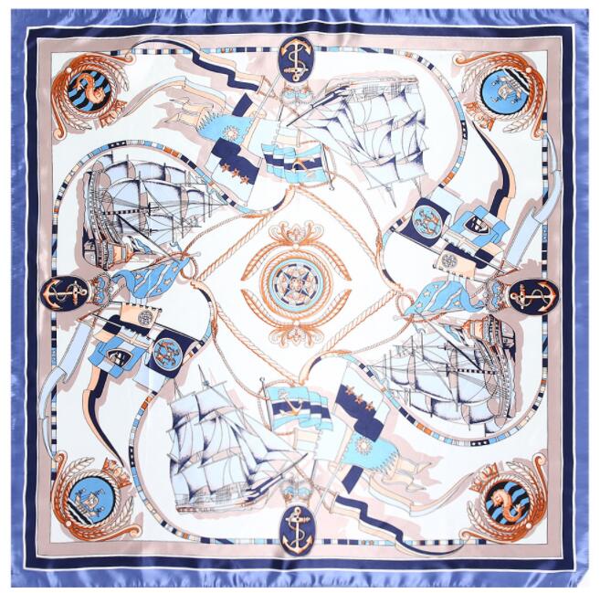 90*90cm Luxury Brand Women Silk Scarf Hand Drawing Sailing Boat Design Square Scarves Spring Summer Shawls For Ladies