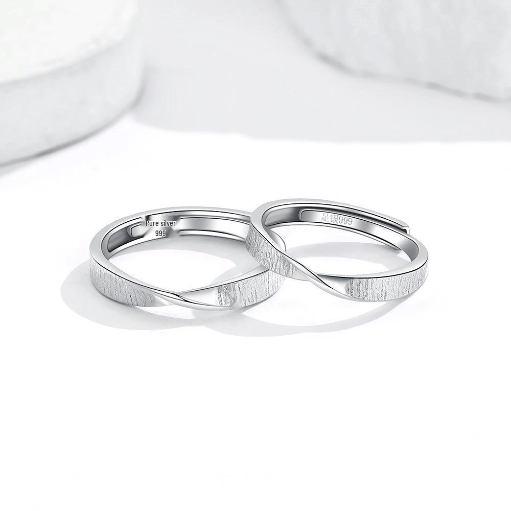 Adjustable 999 Sterling Silver Infinity Couple Ring Set - Fashionable, Niche Design, Simple Plain Band