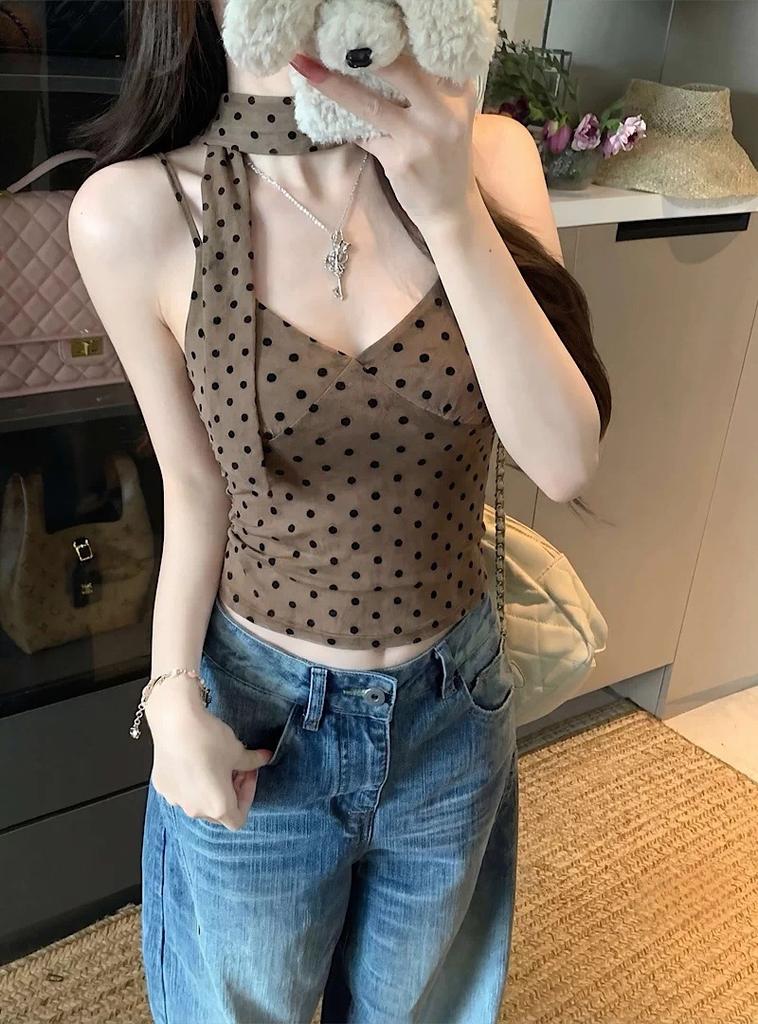#Summer new pure desire wind three-dimensional flocking polka dot printing sling vest female slim fixing belt chest pad