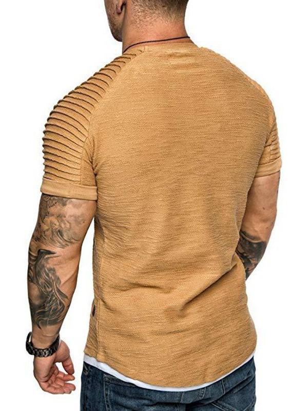 European & American Men's Slim Fit Crew Neck Pleated T-Shirt - Solid Color, Casual Short Sleeve