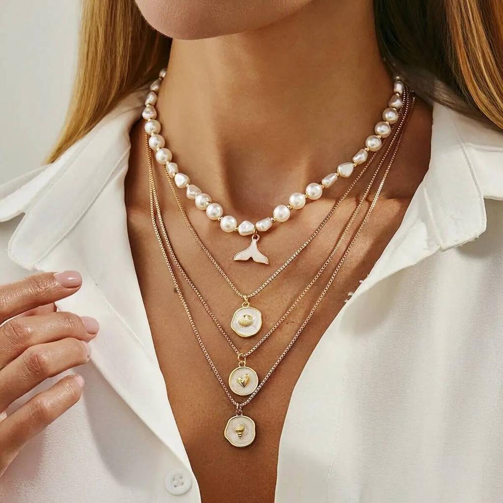 IngeSight.Z 4 Stück Imitation Perle Fischschwanz Anhänger Halskette Set Damen Trendig Exquisit Mehrschichtig Schlüsselbein Kette Damen Schmuck