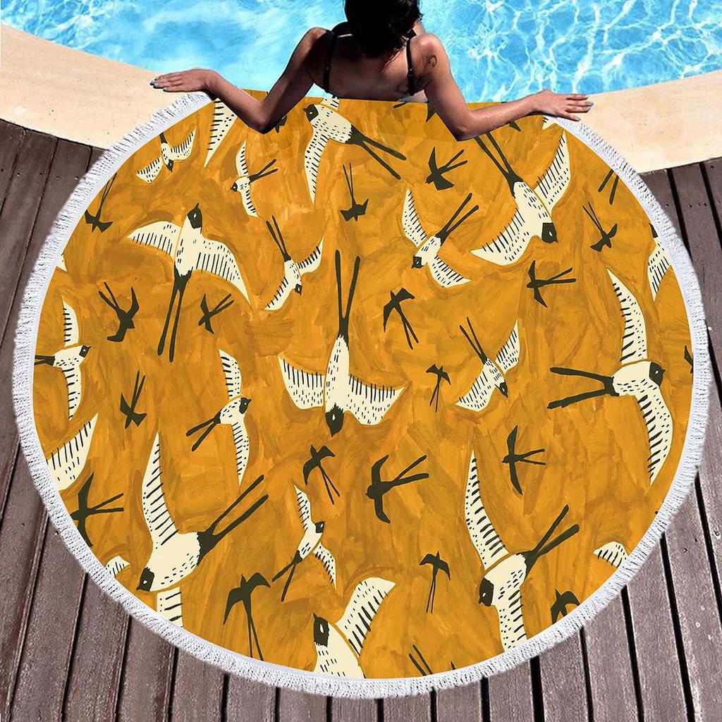 Bird Flower Print Round Beach Towel Microfiber Circle Bath Towels Quick Dry Absorbent Pool Towels Sand Free Shawl Beach Blanket