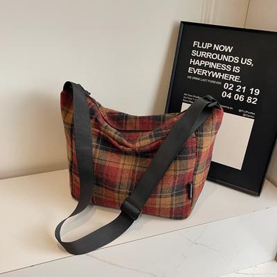 Korean Plaid Tote Bag Ins New 2025 Autumn and Winter Retro Style Large Capacity Commuter Shoulder Bag Messenger Bag