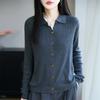 Wool Lapel Knitted Cardigan with Long Sleeves and Ribbed Cuffs, Loose-fitting Top