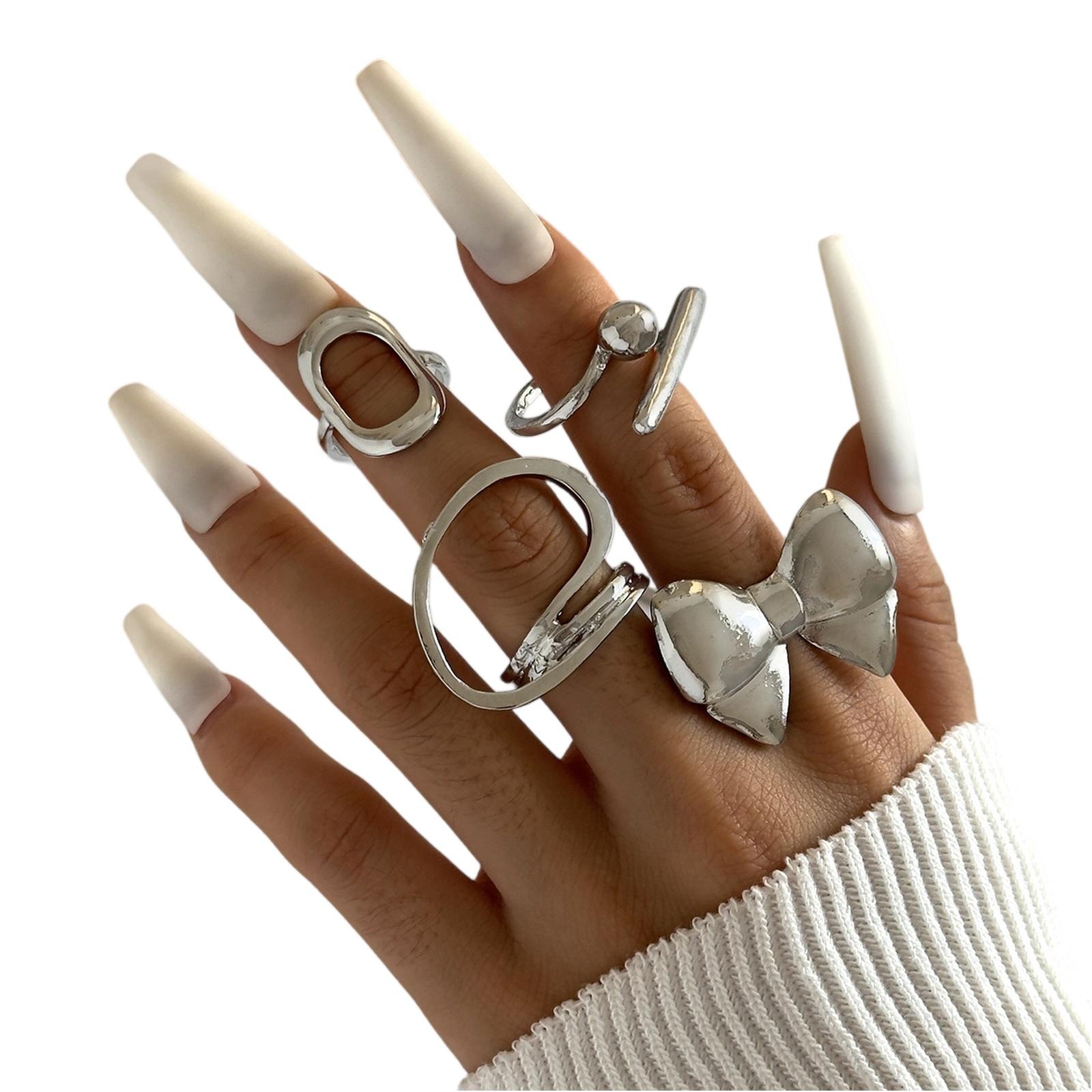 

Fashion Women s 4 Piece Ring Set - Ladies Ring Metal Ring Glossy Ring Metal Ring Holiday Gift One Size серебряный